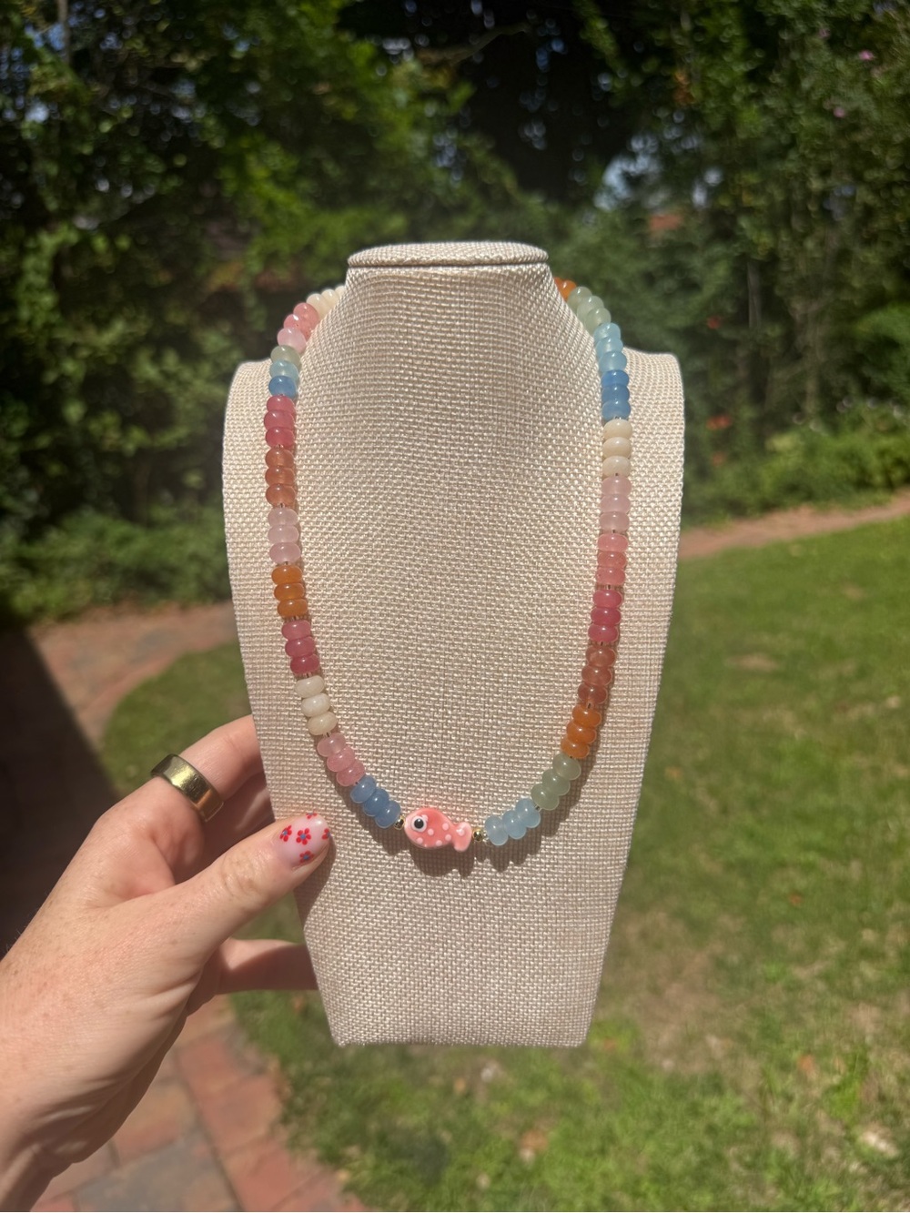 Handmade beaded gemstone fish necklace